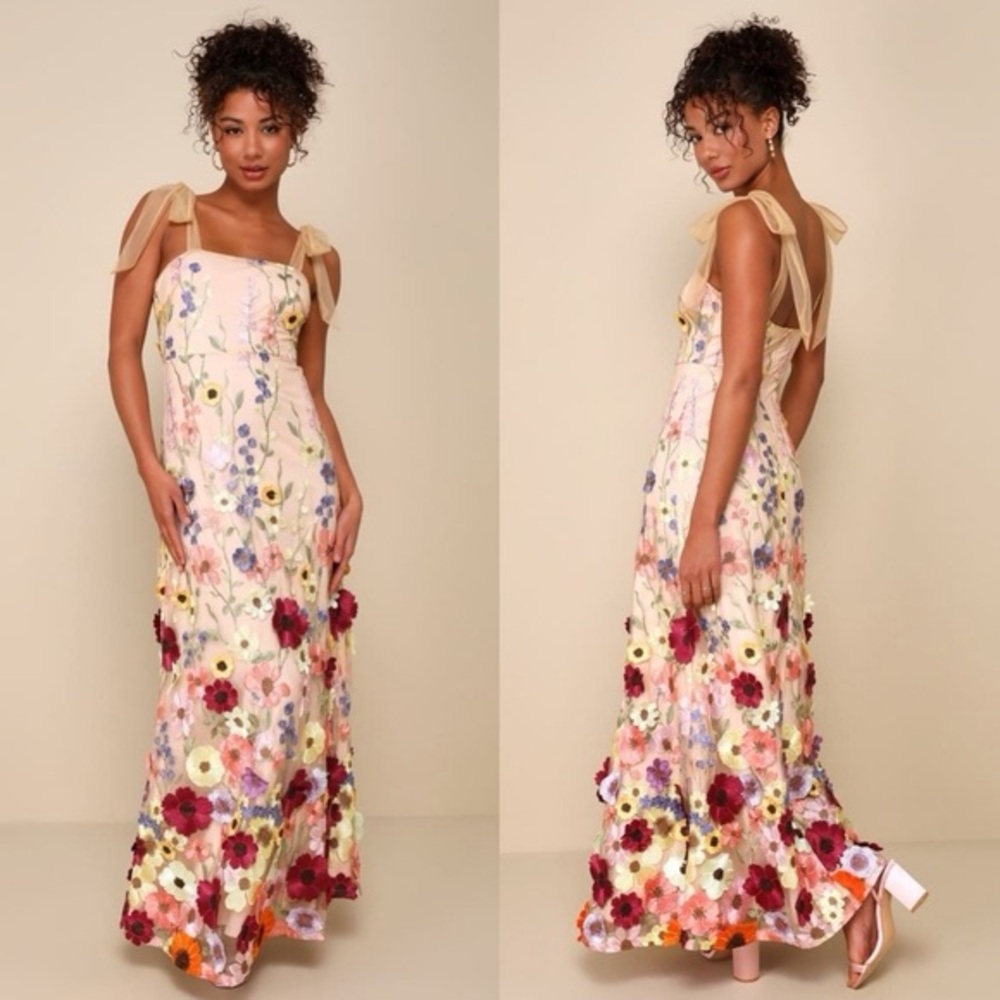 Lulus Thriving Poise Blush 3D Floral Embroidered Tie-Strap Maxi Dress Size XL